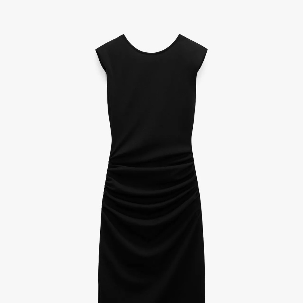 Zara Ruched Black Shoulder pad Dress
